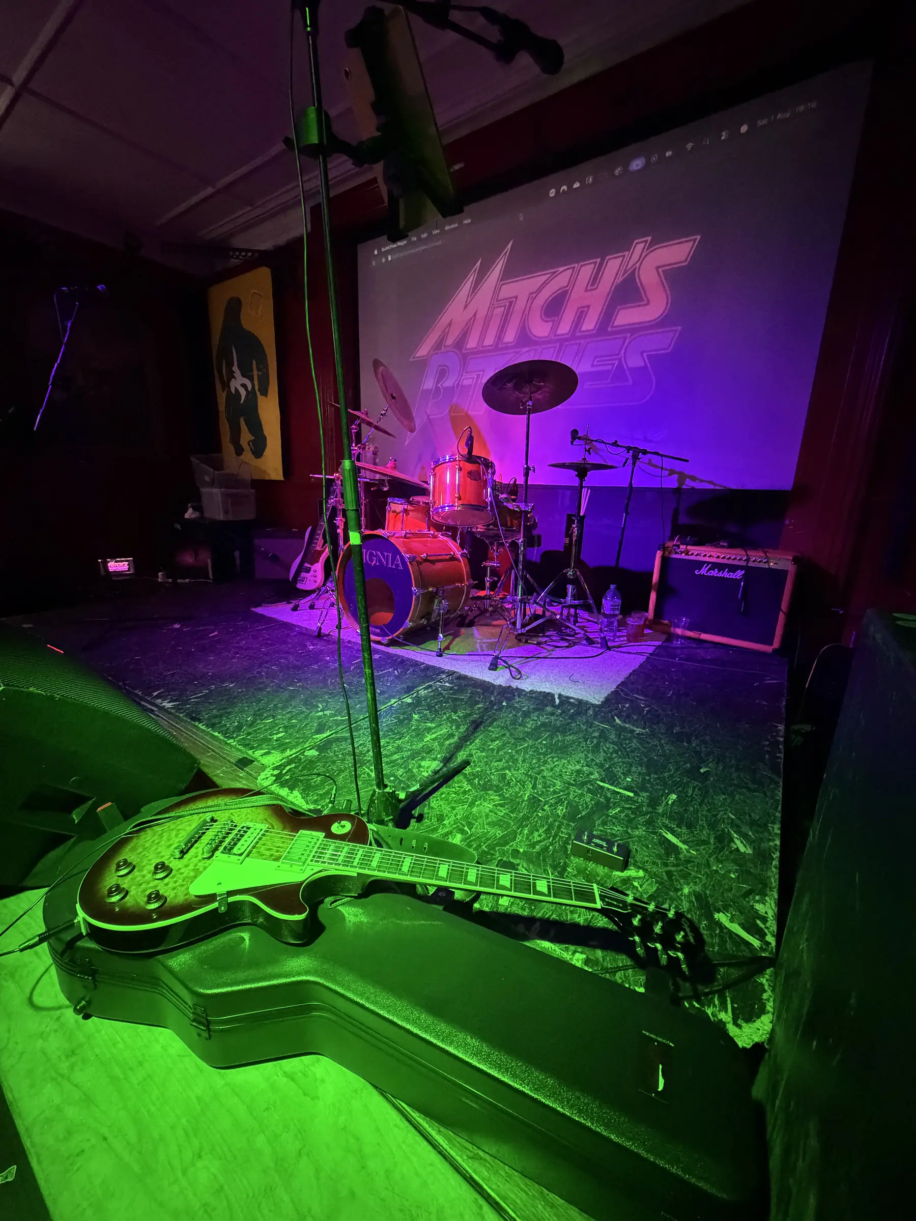 Mitch’s Bitches empty stage with Rory’s Jez Paul guitar in the foreground